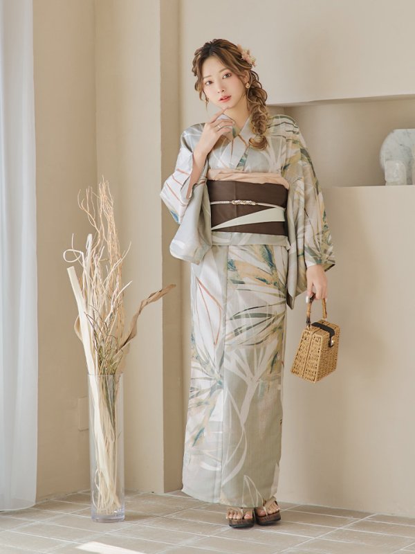 画像7: 【即日発送】【浴衣セール！】ヘルシーリーフ柄ベージュ浴衣  【浴衣３点セット 浴衣/帯/下駄】[YMT]