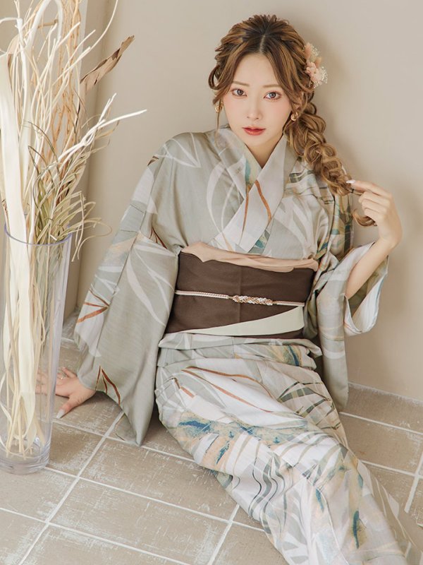 画像8: 【即日発送】【浴衣セール！】ヘルシーリーフ柄ベージュ浴衣  【浴衣３点セット 浴衣/帯/下駄】[YMT]