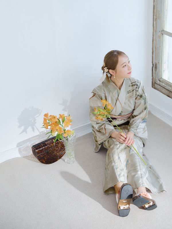 画像11: 【浴衣セール！】【即日発送】ヘルシーリーフ柄ベージュ浴衣  【浴衣３点セット 浴衣/帯/下駄】[YMT]