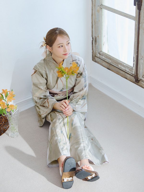 画像12: 【浴衣セール！】【即日発送】ヘルシーリーフ柄ベージュ浴衣  【浴衣３点セット 浴衣/帯/下駄】[YMT]