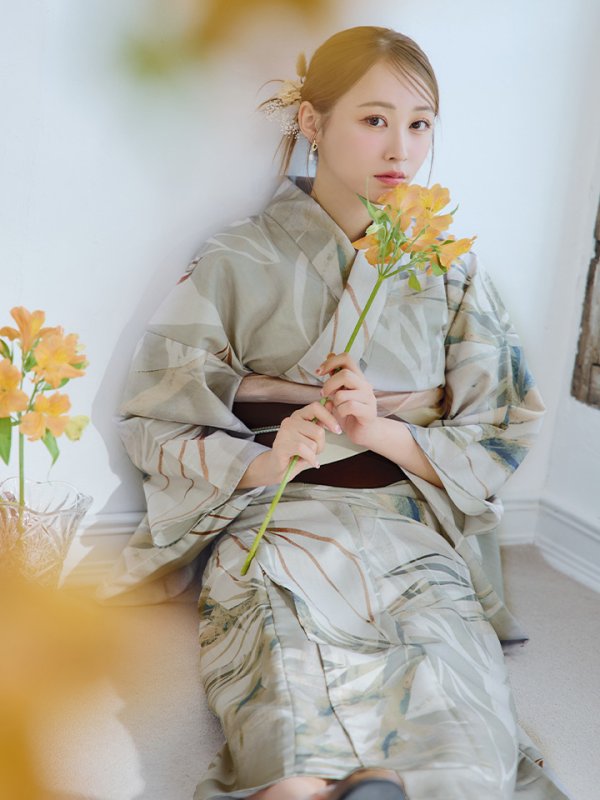 画像13: 【浴衣セール！】【即日発送】ヘルシーリーフ柄ベージュ浴衣  【浴衣３点セット 浴衣/帯/下駄】[YMT]