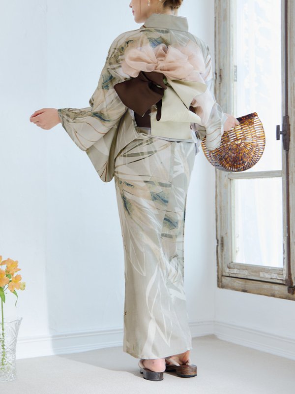 画像15: 【浴衣セール！】【即日発送】ヘルシーリーフ柄ベージュ浴衣  【浴衣３点セット 浴衣/帯/下駄】[YMT]