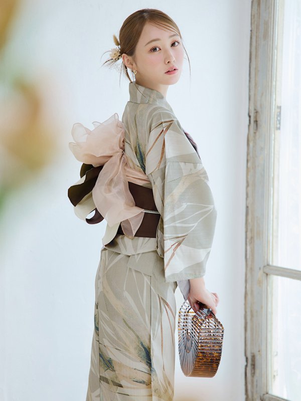 画像3: 【浴衣セール！】【即日発送】ヘルシーリーフ柄ベージュ浴衣  【浴衣３点セット 浴衣/帯/下駄】[YMT]