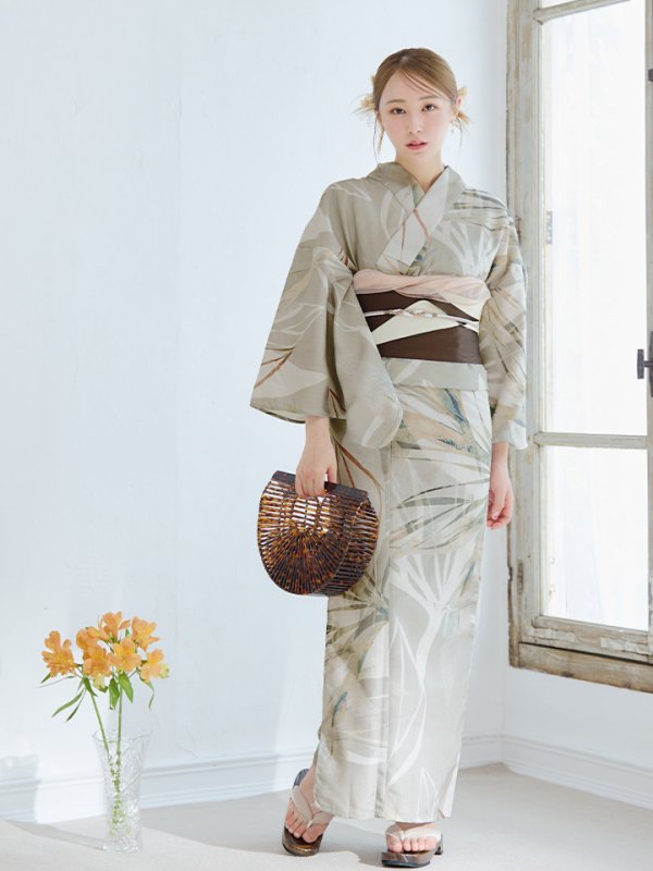 画像4: 【浴衣セール！】【即日発送】ヘルシーリーフ柄ベージュ浴衣  【浴衣３点セット 浴衣/帯/下駄】[YMT]