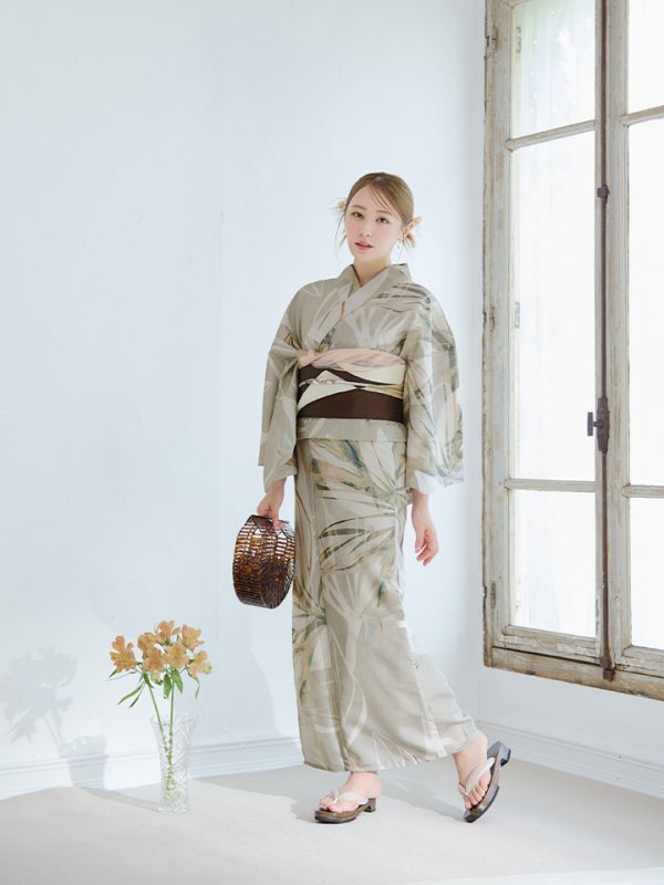 画像5: 【浴衣セール！】【即日発送】ヘルシーリーフ柄ベージュ浴衣  【浴衣３点セット 浴衣/帯/下駄】[YMT]