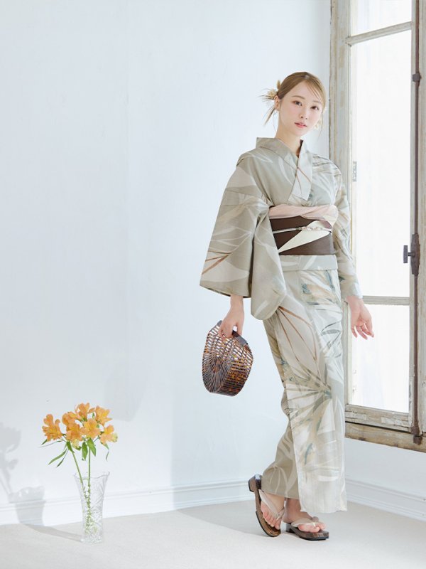 画像6: 【浴衣セール！】【即日発送】ヘルシーリーフ柄ベージュ浴衣  【浴衣３点セット 浴衣/帯/下駄】[YMT]