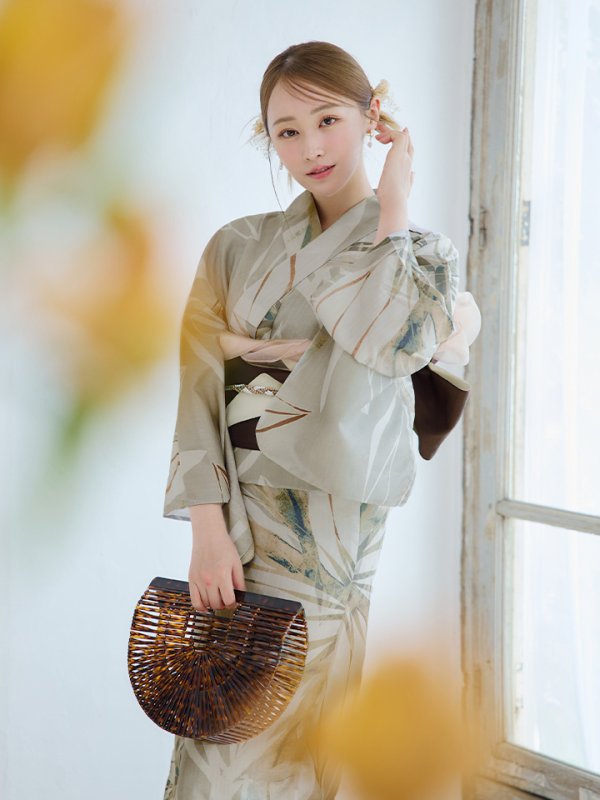 画像9: 【浴衣セール！】【即日発送】ヘルシーリーフ柄ベージュ浴衣  【浴衣３点セット 浴衣/帯/下駄】[YMT]