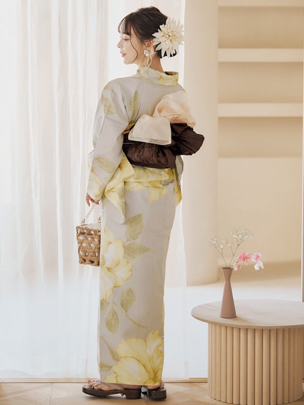 画像11: 【即日発送】【浴衣セール！】グレージュ×イエローフラワー浴衣  【浴衣３点セット 浴衣/帯/下駄】[YMT]