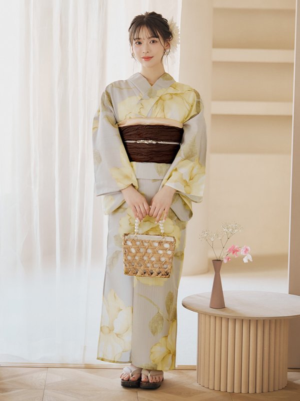 画像12: 【即日発送】【浴衣セール！】グレージュ×イエローフラワー浴衣  【浴衣３点セット 浴衣/帯/下駄】[YMT]