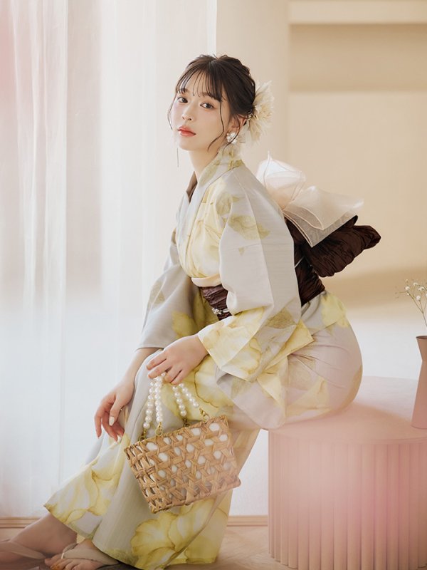 画像13: 【即日発送】【浴衣セール！】グレージュ×イエローフラワー浴衣  【浴衣３点セット 浴衣/帯/下駄】[YMT]