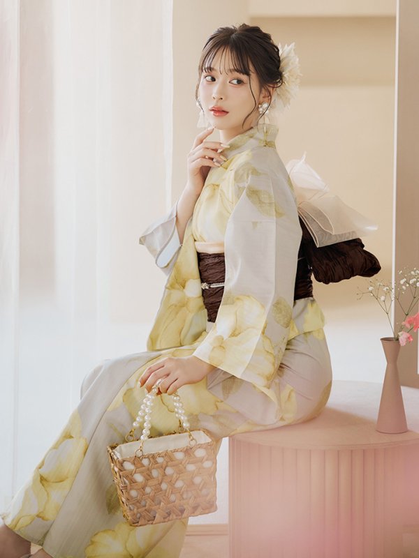 画像14: 【即日発送】【浴衣セール！】グレージュ×イエローフラワー浴衣  【浴衣３点セット 浴衣/帯/下駄】[YMT]