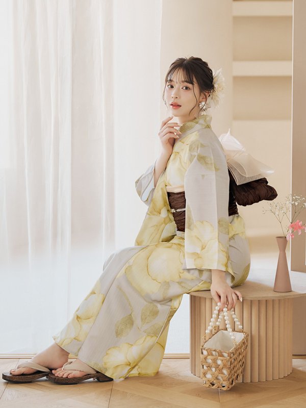 画像15: 【即日発送】【浴衣セール！】グレージュ×イエローフラワー浴衣  【浴衣３点セット 浴衣/帯/下駄】[YMT]