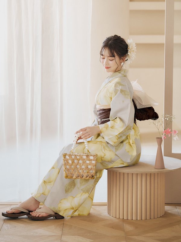 画像16: 【即日発送】【浴衣セール！】グレージュ×イエローフラワー浴衣  【浴衣３点セット 浴衣/帯/下駄】[YMT]