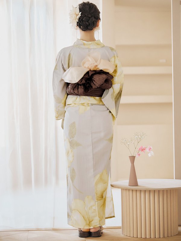 画像18: 【即日発送】【浴衣セール！】グレージュ×イエローフラワー浴衣  【浴衣３点セット 浴衣/帯/下駄】[YMT]