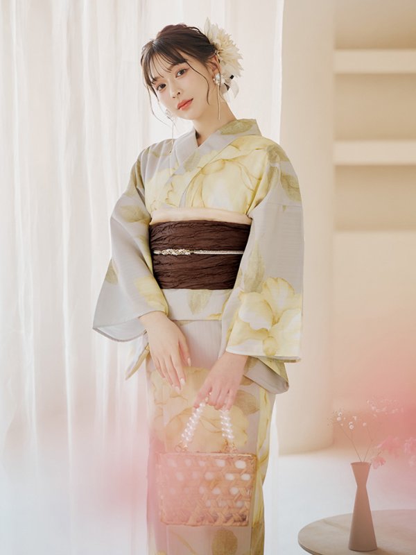 画像6: 【即日発送】【浴衣セール！】グレージュ×イエローフラワー浴衣  【浴衣３点セット 浴衣/帯/下駄】[YMT]