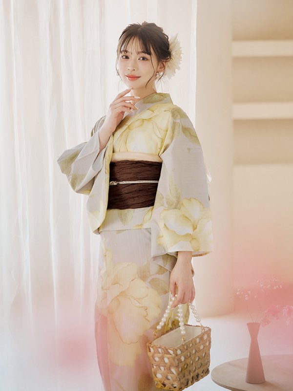 画像7: 【即日発送】【浴衣セール！】グレージュ×イエローフラワー浴衣  【浴衣３点セット 浴衣/帯/下駄】[YMT]