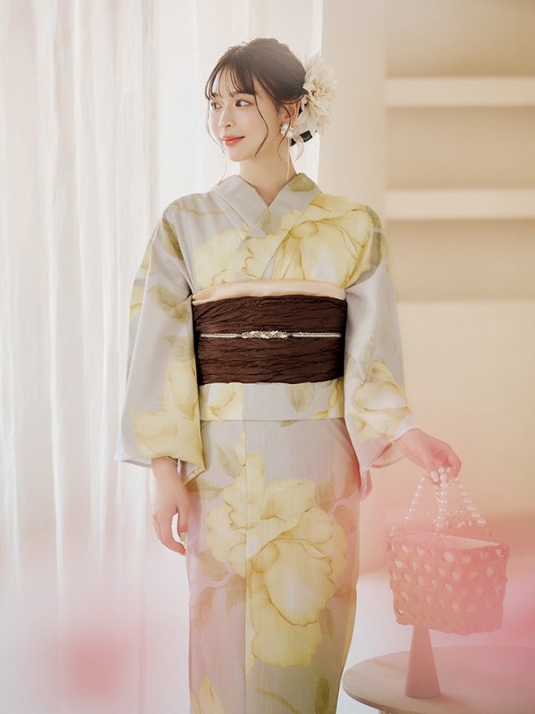 画像8: 【即日発送】【浴衣セール！】グレージュ×イエローフラワー浴衣  【浴衣３点セット 浴衣/帯/下駄】[YMT]
