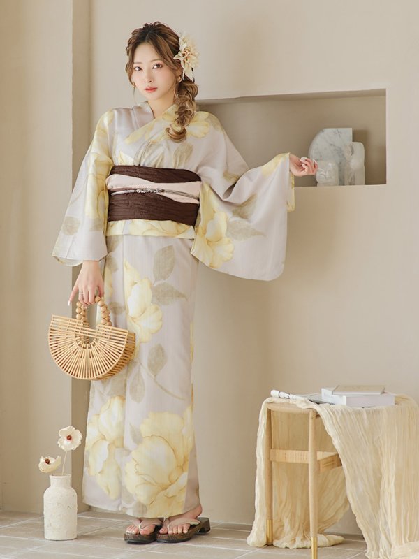 画像12: 【即日発送】【浴衣セール！】グレージュ×イエローフラワー浴衣  【浴衣３点セット 浴衣/帯/下駄】[YMT]