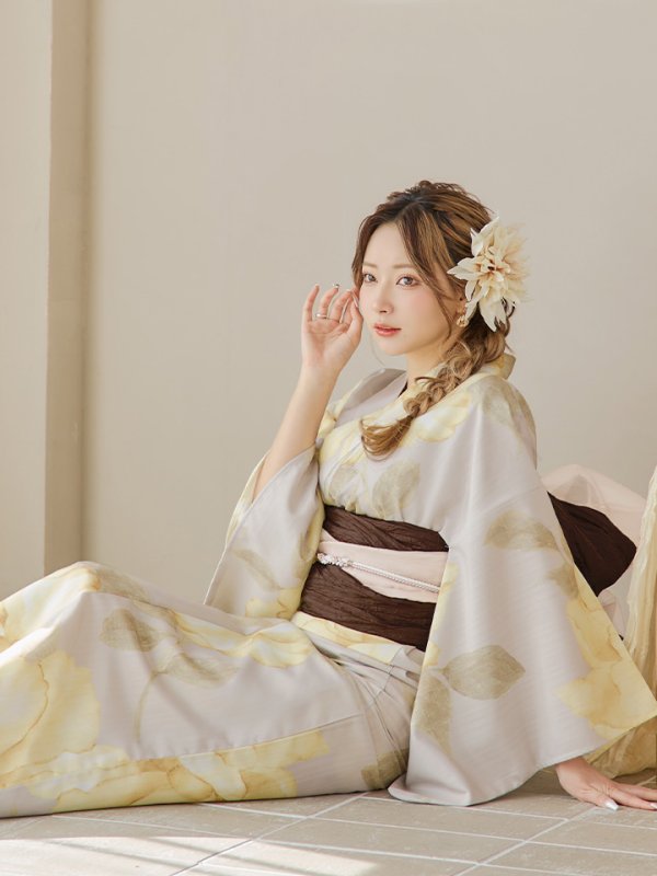 画像14: 【即日発送】【浴衣セール！】グレージュ×イエローフラワー浴衣  【浴衣３点セット 浴衣/帯/下駄】[YMT]