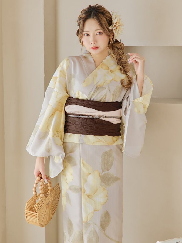 画像15: 【即日発送】【浴衣セール！】グレージュ×イエローフラワー浴衣  【浴衣３点セット 浴衣/帯/下駄】[YMT]