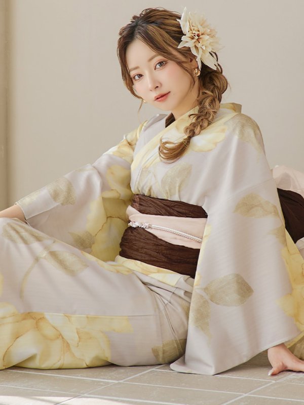 画像17: 【即日発送】【浴衣セール！】グレージュ×イエローフラワー浴衣  【浴衣３点セット 浴衣/帯/下駄】[YMT]