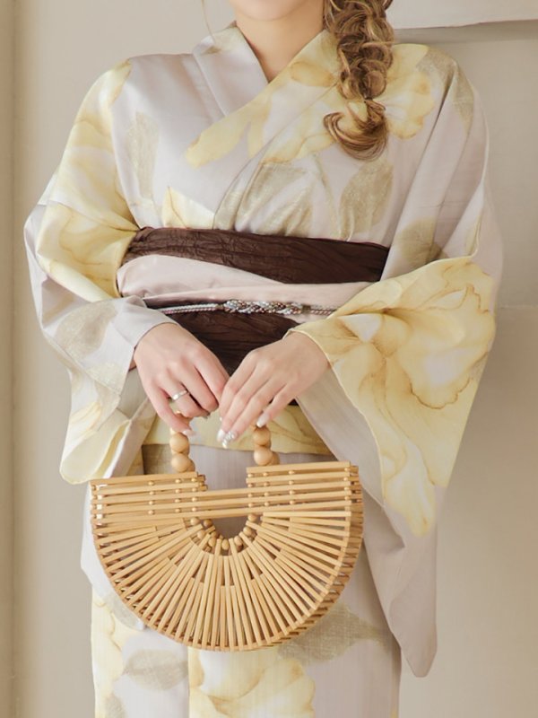 画像20: 【即日発送】【浴衣セール！】グレージュ×イエローフラワー浴衣  【浴衣３点セット 浴衣/帯/下駄】[YMT]