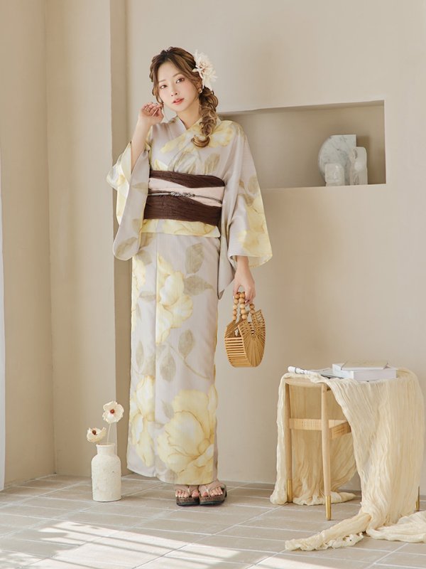 画像5: 【即日発送】【浴衣セール！】グレージュ×イエローフラワー浴衣  【浴衣３点セット 浴衣/帯/下駄】[YMT]