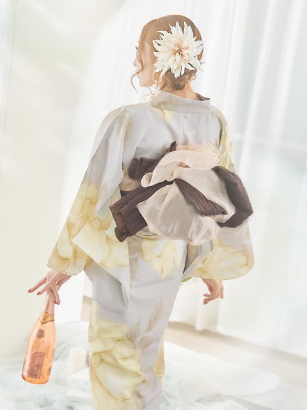 画像13: 【即日発送】【浴衣セール！】グレージュ×イエローフラワー浴衣  【浴衣３点セット 浴衣/帯/下駄】[YMT]