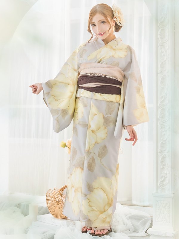 画像4: 【即日発送】【浴衣セール！】グレージュ×イエローフラワー浴衣  【浴衣３点セット 浴衣/帯/下駄】[YMT]