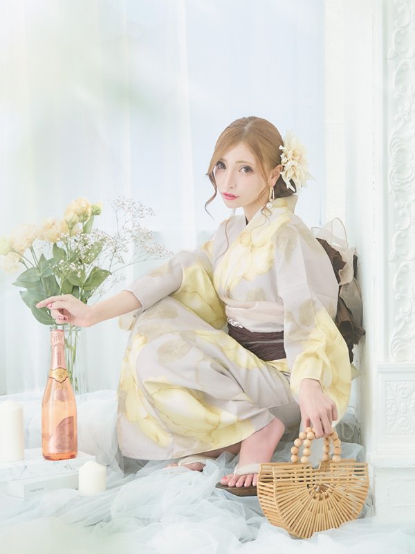 画像6: 【即日発送】【浴衣セール！】グレージュ×イエローフラワー浴衣  【浴衣３点セット 浴衣/帯/下駄】[YMT]