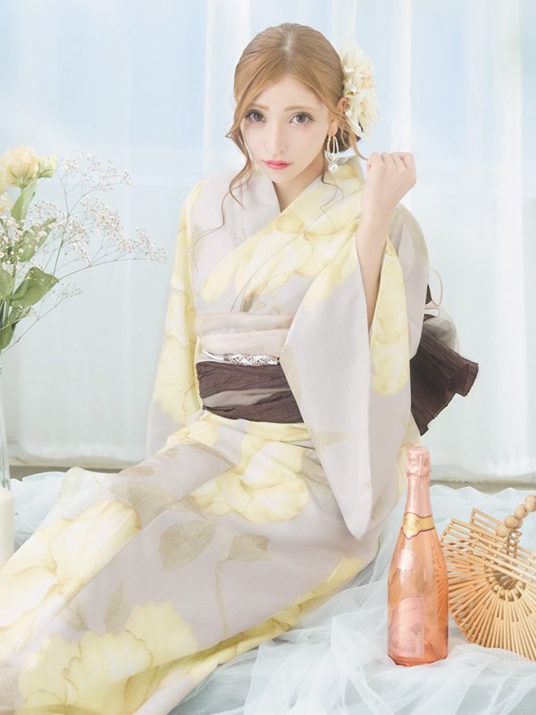 画像8: 【即日発送】【浴衣セール！】グレージュ×イエローフラワー浴衣  【浴衣３点セット 浴衣/帯/下駄】[YMT]