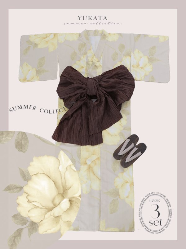 画像25: 【即日発送】【浴衣セール！】グレージュ×イエローフラワー浴衣  【浴衣３点セット 浴衣/帯/下駄】[YMT]