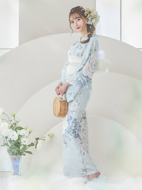 画像4: 【即日発送】クラシカルローズブルー浴衣  【浴衣３点セット 浴衣/帯/下駄】[YMT]