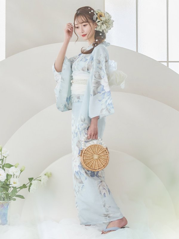 画像7: 【即日発送】クラシカルローズブルー浴衣  【浴衣３点セット 浴衣/帯/下駄】[YMT]