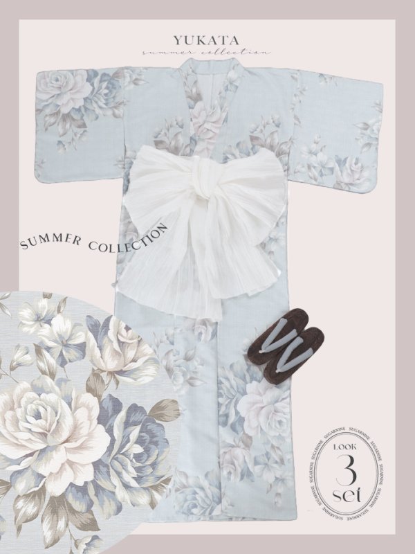 画像32: 【即日発送】クラシカルローズブルー浴衣  【浴衣３点セット 浴衣/帯/下駄】[YMT]