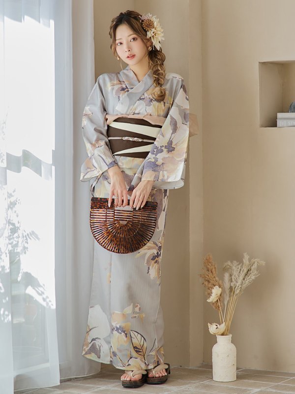 画像4: 【即日発送】グレージュニュアンスフラワー浴衣  【浴衣３点セット 浴衣/帯/下駄】[YMT]