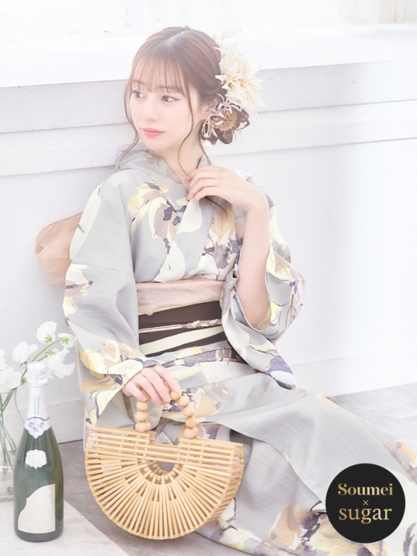 画像1: 【即日発送】グレージュニュアンスフラワー浴衣 OBI-hira-100-ok-2-BRxBE / HIMO-900-yn-7-MOC / HEKO-800-sb-3-BR / YA-72-kn-MOC / YA-496-kj-W / GETA-01-kj-5-MOC/ [YMT]