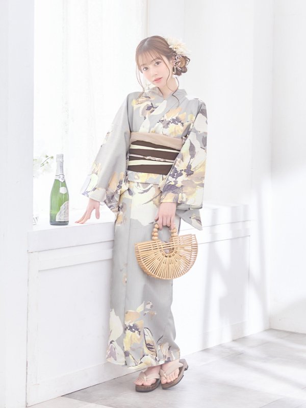 画像4: 【即日発送】グレージュニュアンスフラワー浴衣  【浴衣３点セット 浴衣/帯/下駄】[YMT]