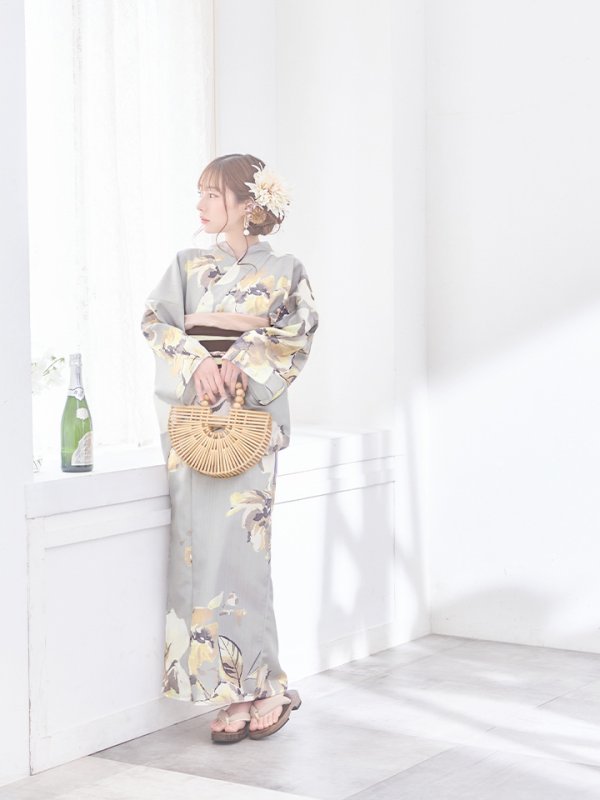 画像5: 【即日発送】グレージュニュアンスフラワー浴衣  【浴衣３点セット 浴衣/帯/下駄】[YMT]