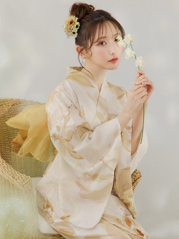 画像1: 【即日発送】水彩イエローフラワー浴衣 OBI-g-500-kj-5-MUS / HIMO-900-yn-5-IV / HEKO-800-sb-6-YEBE / YA-68-kn-YEBE / GETA-01-kj-6-MUS [YMT]