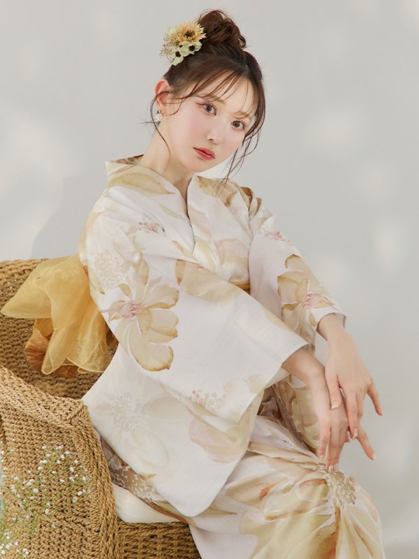 画像7: 【即日発送】水彩イエローフラワー浴衣  【浴衣３点セット 浴衣/帯/下駄】[YMT]