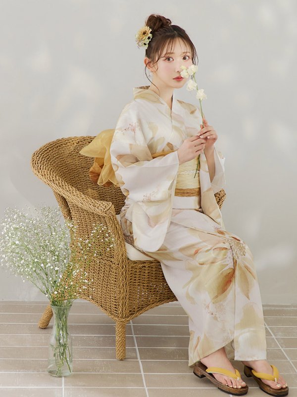 画像8: 【即日発送】水彩イエローフラワー浴衣  【浴衣３点セット 浴衣/帯/下駄】[YMT]