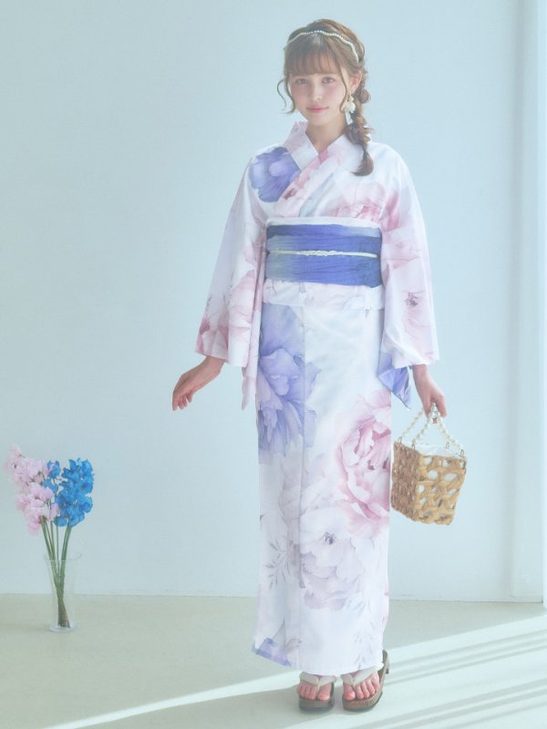 画像4: 【即日発送】ホワイト×ピオニー浴衣  【浴衣３点セット 浴衣/帯/下駄】[YMT]