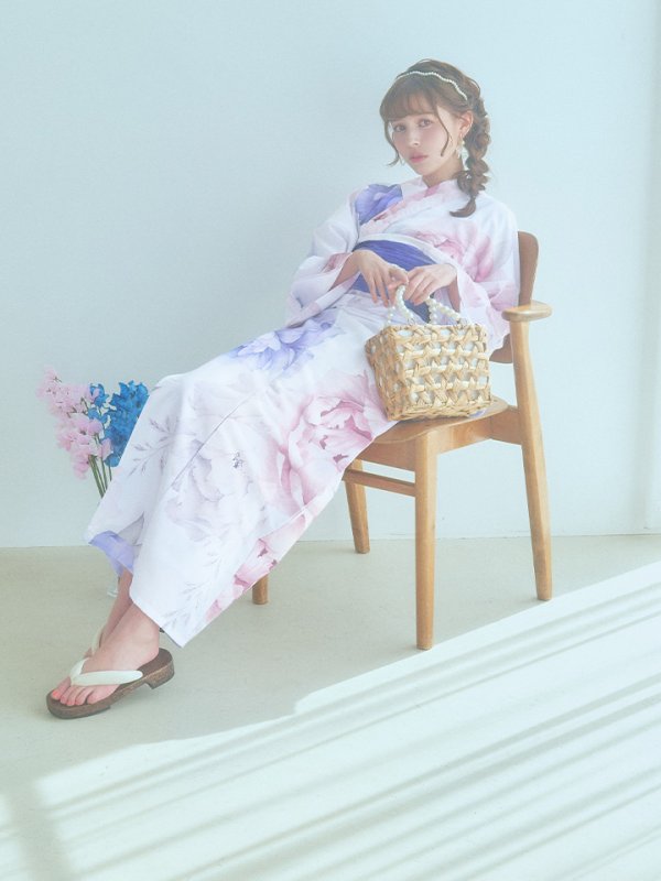 画像5: 【即日発送】ホワイト×ピオニー浴衣  【浴衣３点セット 浴衣/帯/下駄】[YMT]