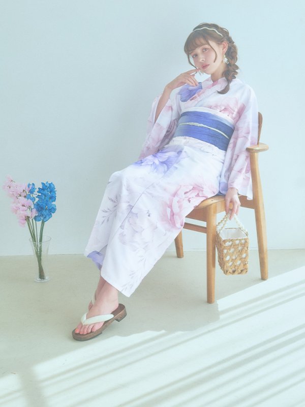 画像6: 【即日発送】ホワイト×ピオニー浴衣  【浴衣３点セット 浴衣/帯/下駄】[YMT]