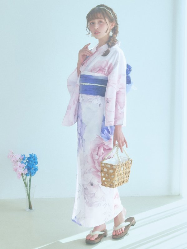 画像7: 【即日発送】ホワイト×ピオニー浴衣  【浴衣３点セット 浴衣/帯/下駄】[YMT]
