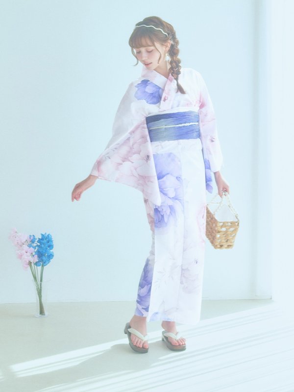 画像8: 【即日発送】ホワイト×ピオニー浴衣  【浴衣３点セット 浴衣/帯/下駄】[YMT]