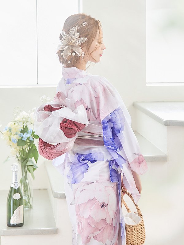 画像16: 【即日発送】ホワイト×ピオニー浴衣  【浴衣３点セット 浴衣/帯/下駄】[YMT]