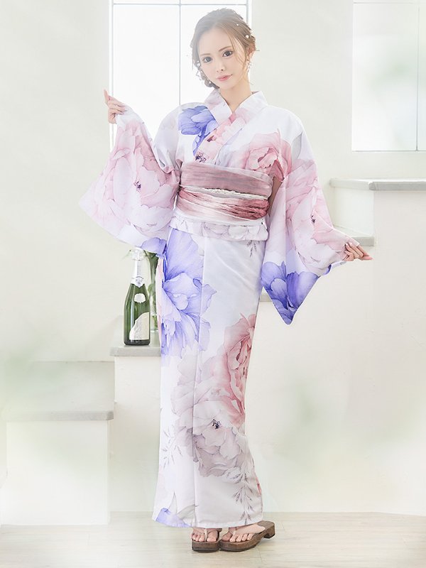 画像4: 【即日発送】ホワイト×ピオニー浴衣  【浴衣３点セット 浴衣/帯/下駄】[YMT]