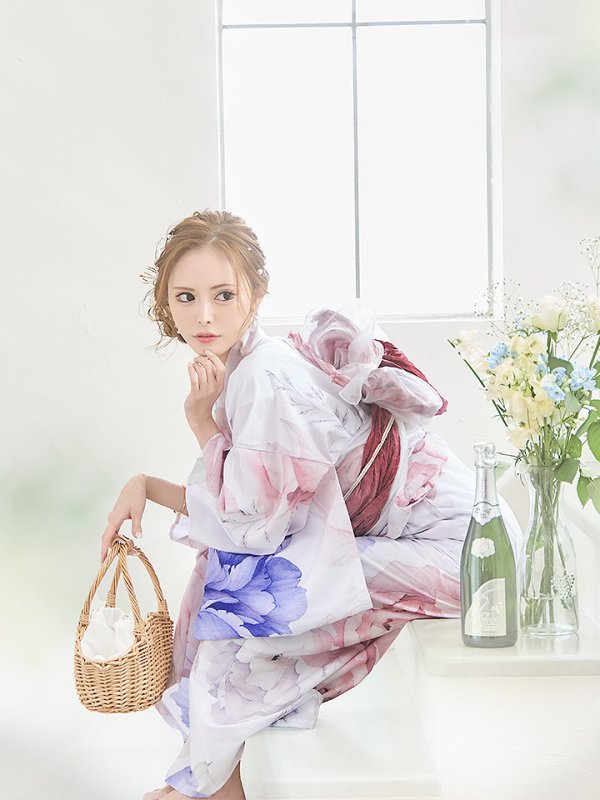 画像5: 【即日発送】ホワイト×ピオニー浴衣  【浴衣３点セット 浴衣/帯/下駄】[YMT]